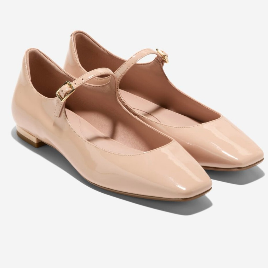 Cole Haan Nude Patent Mary Jane Flats With Gold Buckle
